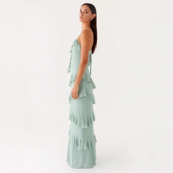 Peppermayo NWT Country Club Ruffled Maxi Dress in Sage Size 8 - Picture 2 of 6